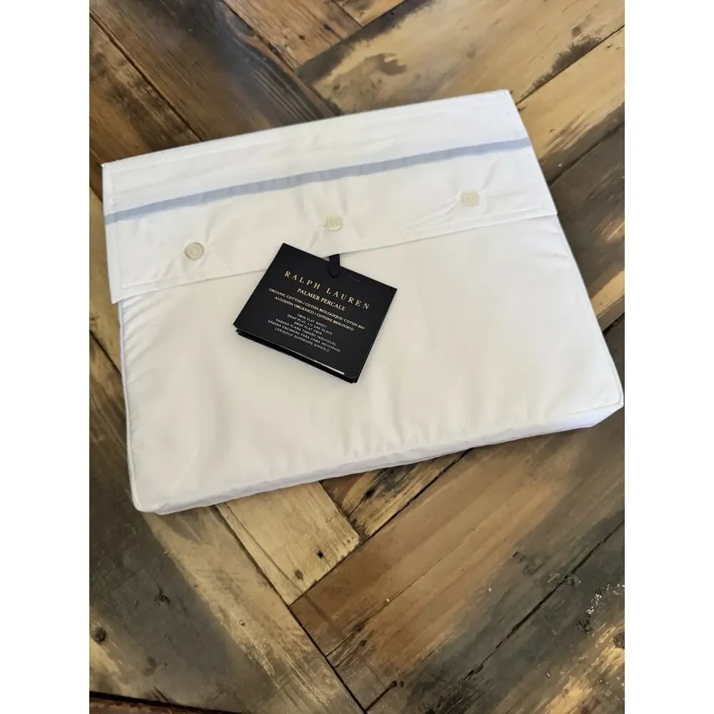 NWT Ralph Lauren Palmer Twin Flat Sheet White & Sky Blue Organic Cotton Percale